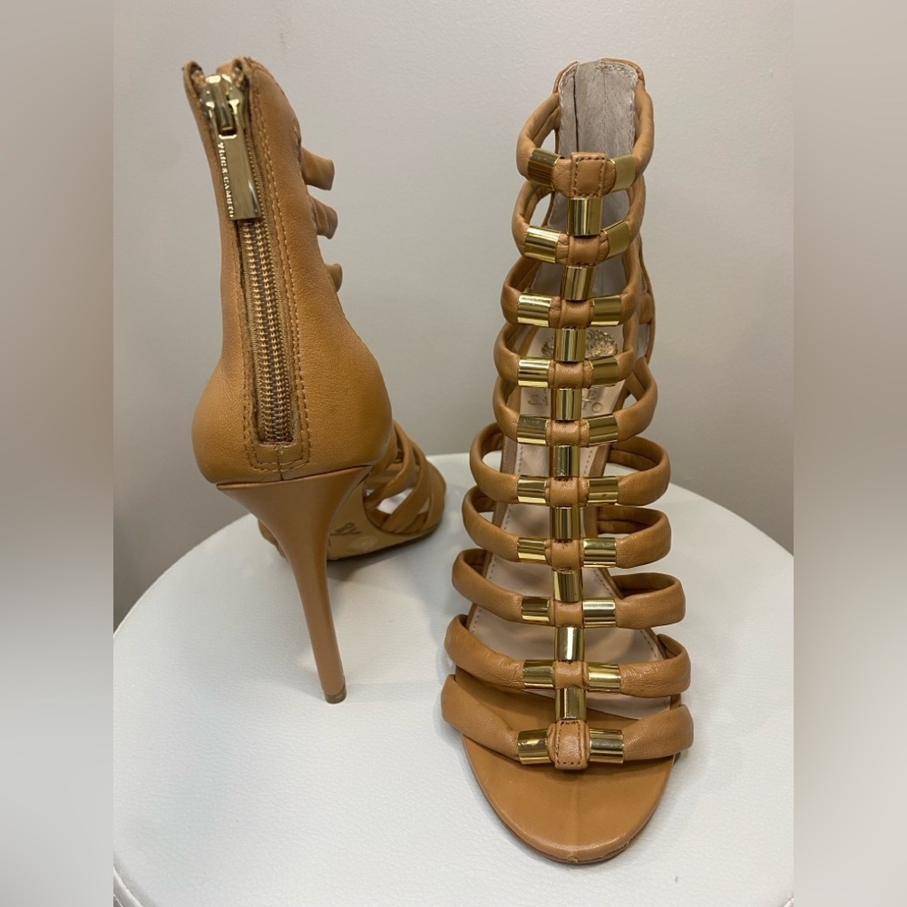 Vince Camuto Troy Gladiator Heels 6.5 Tan Leather Strappy Gold Accents Sandals - Picture 5 of 9